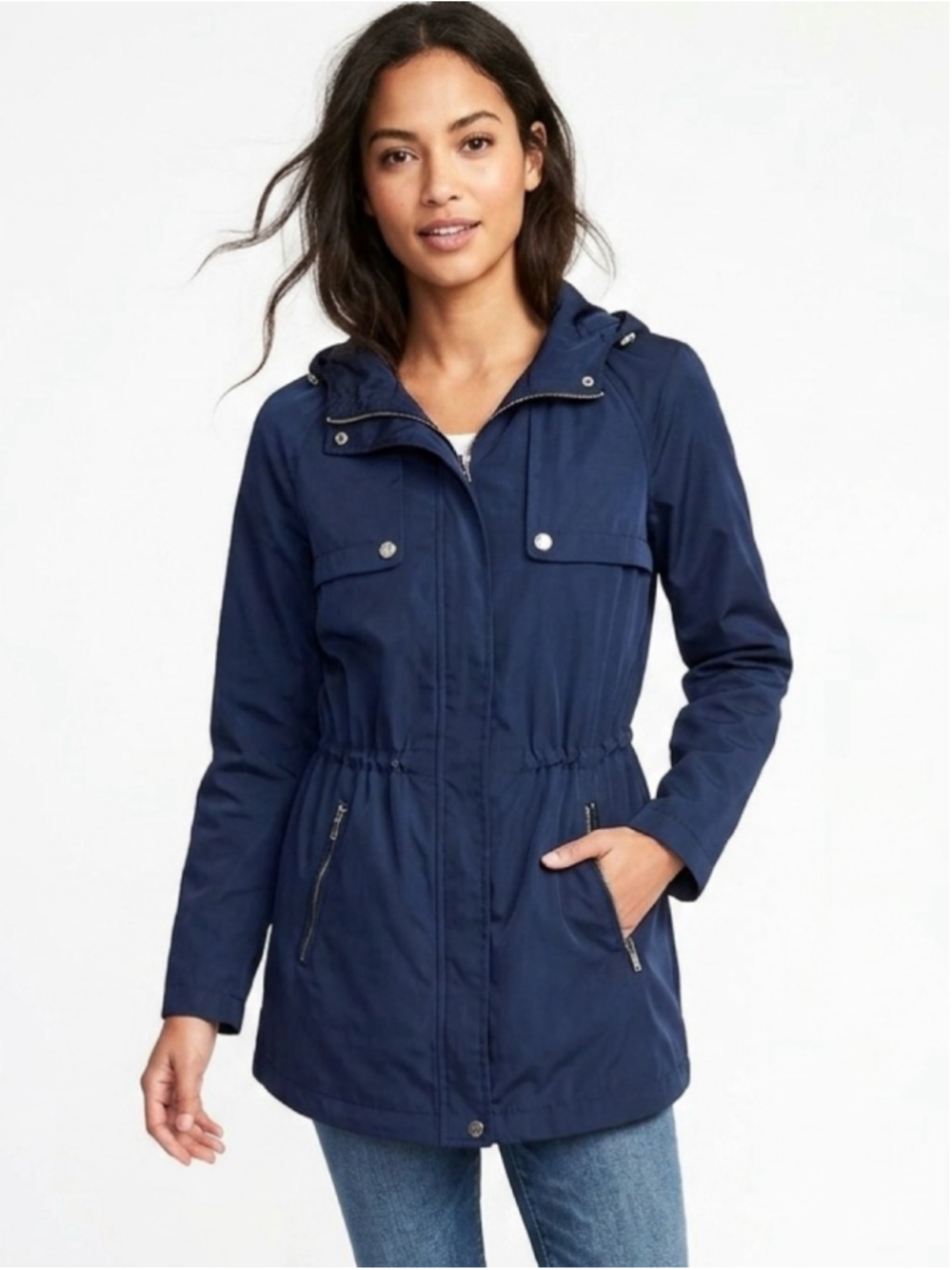 Women's Ivanka Trump Blue Hooded Utility Anorak Cinched DrawJacket - Size Medium